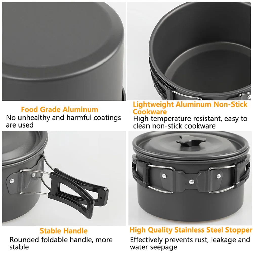 Camping Cookware Set — Non-Stick Cooking Pots, Teapot & Travel Tableware for 2-3 People, Outdoor Picnic Set