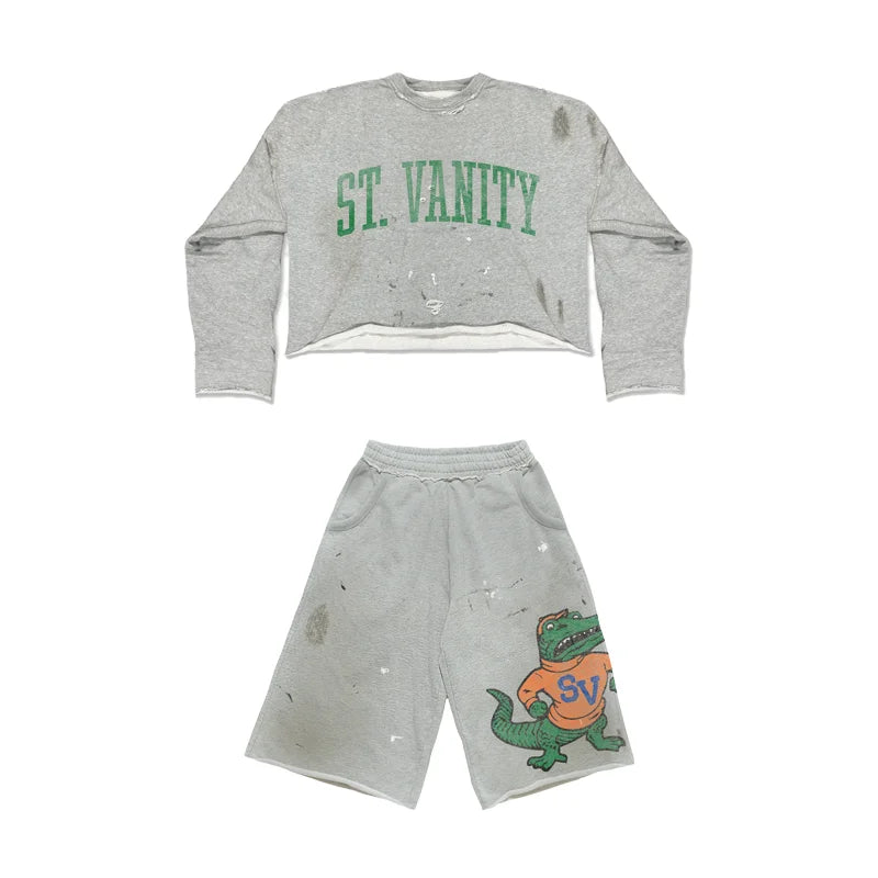 Y2K Alligator Grey T-Shirt Set - Vintage Letter Print Long Sleeve Top and Casual Shorts for Men & Women