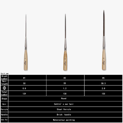 Artsecret Long Liner Detail Brushes – Premium Cattle Ear Hair Watercolor & Nail Art Striping Pens (0.8, 1.2, 2.8mm)