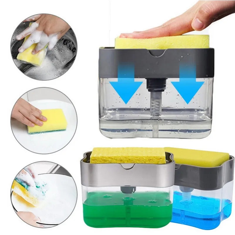 Kitchen Dish Soap Dispenser with Sponge Holder - Liquid Soap Pump for Convenient Cleaning, Sponge Caddy