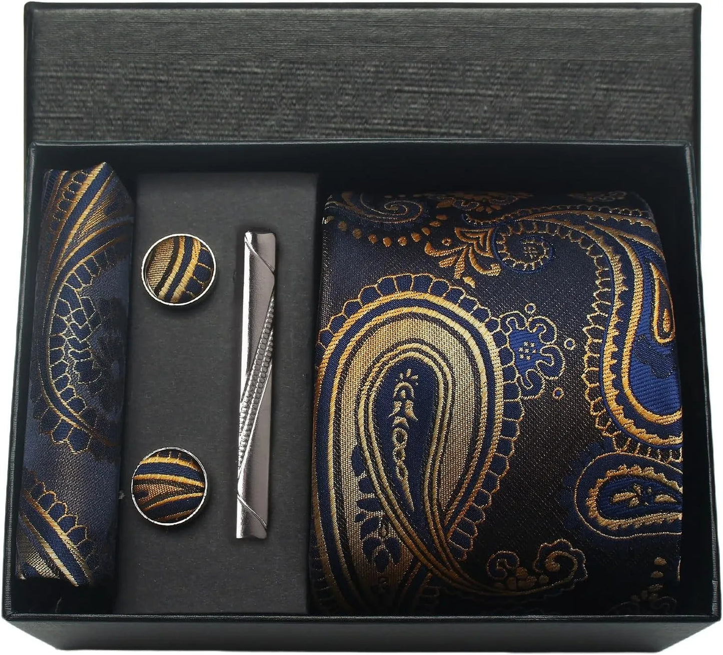 100% Silk Men’s Necktie Set with Paisley Floral Design, Business Tie with Pocket Square, Tie Clip & Cufflinks Gift Box Set for Men