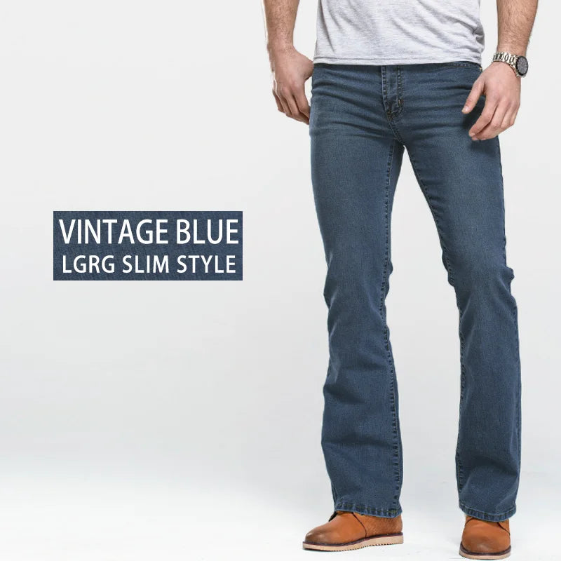 Men’s Bootcut Jeans — Slim Fit Stretch Denim Pants Slightly Flared Classic Designer Trousers Blue Black