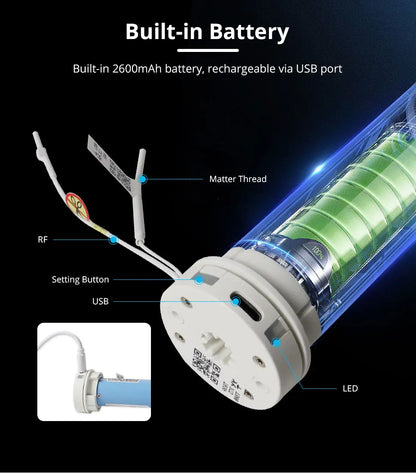 Zemismart Matter Smart Roller Shade Blinds – Motor with Built-in Battery, 38mm Tube, Compatible with HomeKit, Google Home, SmartThings App