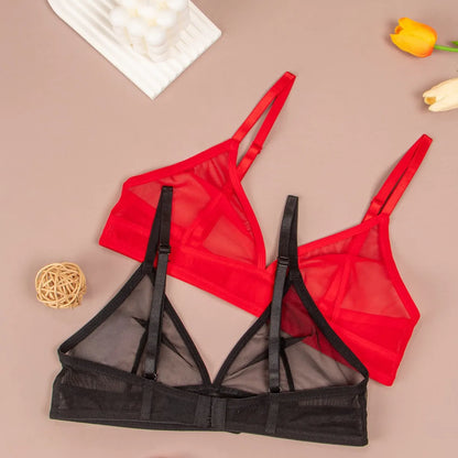 Sheer Mesh Triangle Bra Set - Ultra-Thin Transparent Lingerie with Double Shoulder Straps