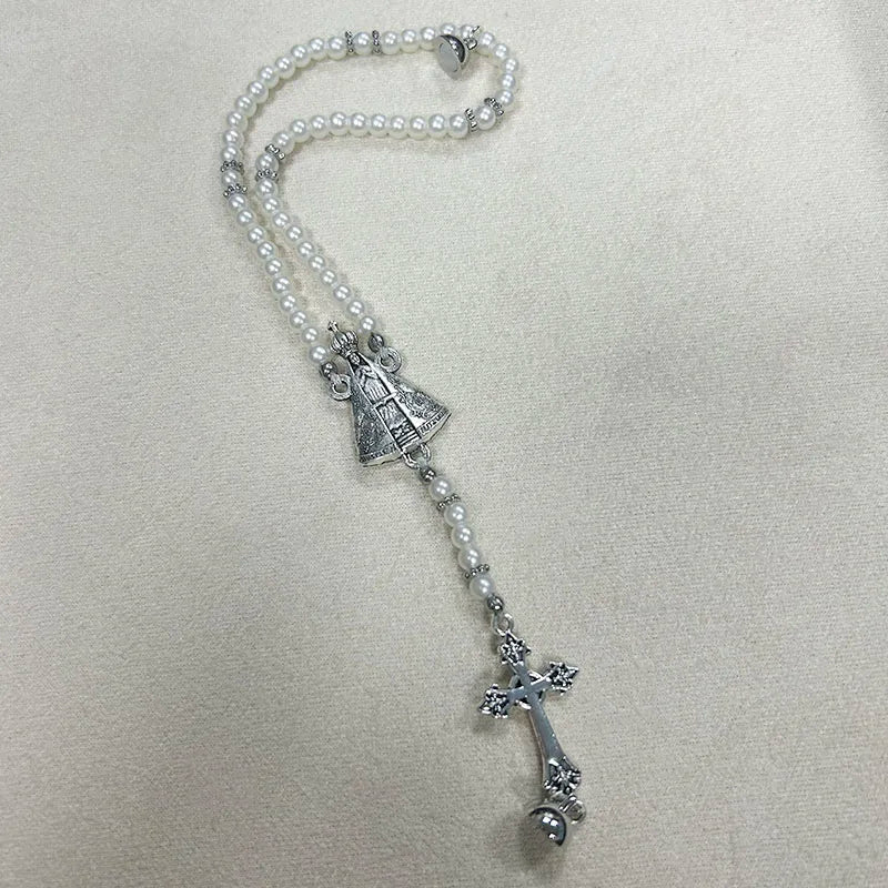 Vintage Virgin Mary Rosary Bracelet – Imitation Pearl Beaded Magnetic Our Lady of Aparecida Cross Prayer Jewelry Gift for Women & Faith Wear