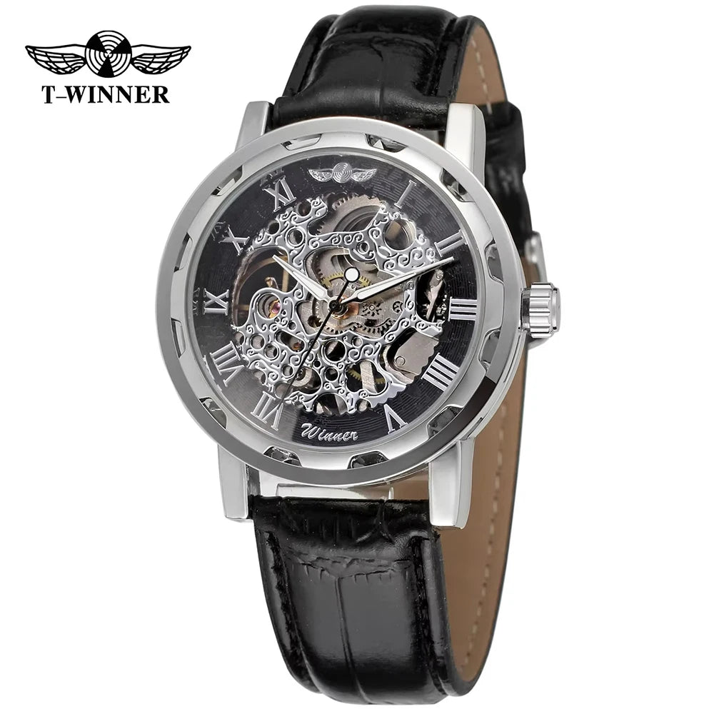 T-Winner Classic Skeleton Watch – Mechanical Hand-Wind Wristwatch with PU Leather Strap for Men & Women