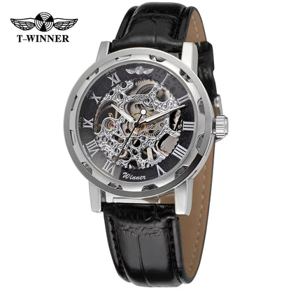 T-Winner Classic Skeleton Watch – Mechanical Hand-Wind Wristwatch with PU Leather Strap for Men & Women