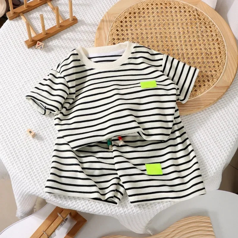 2PCS Kids Summer Outfit – Cotton Short Sleeve Tee & Shorts Set for Boys, Black & White Stripe