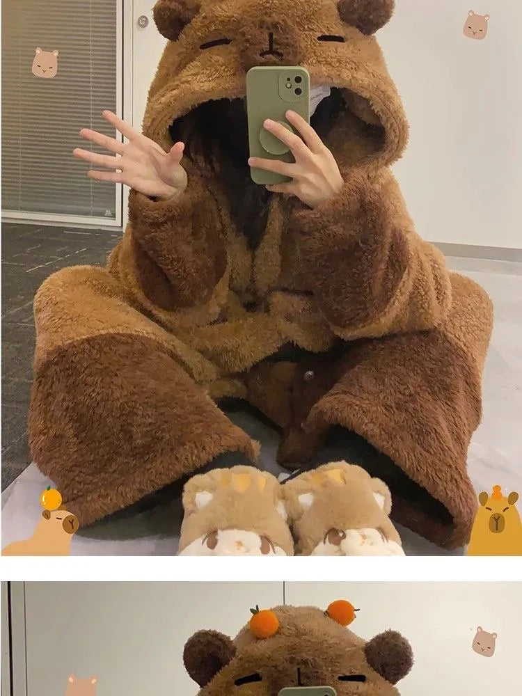 Winter Capybara Cosplay Costume - Adult Kigurumi Unicorn Onesie, Anime Nightgown, Halloween Cartoon Pajamas & Sleepwear