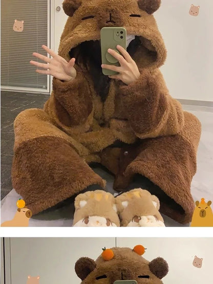 Winter Capybara Cosplay Costume - Adult Kigurumi Unicorn Onesie, Anime Nightgown, Halloween Cartoon Pajamas & Sleepwear