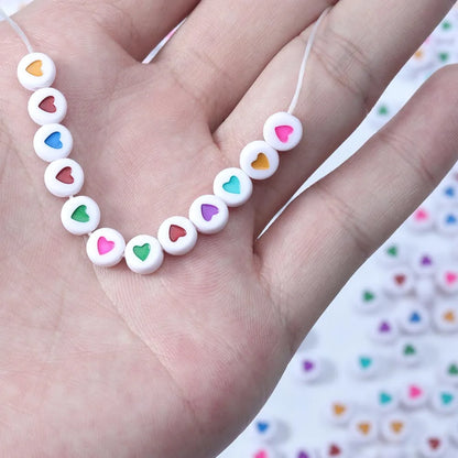 100Pcs 7mm Acrylic Flat Round Beads – Colorful Heart Pattern Spacer Beads for DIY Bracelet & Earring Jewelry Making Supplies
