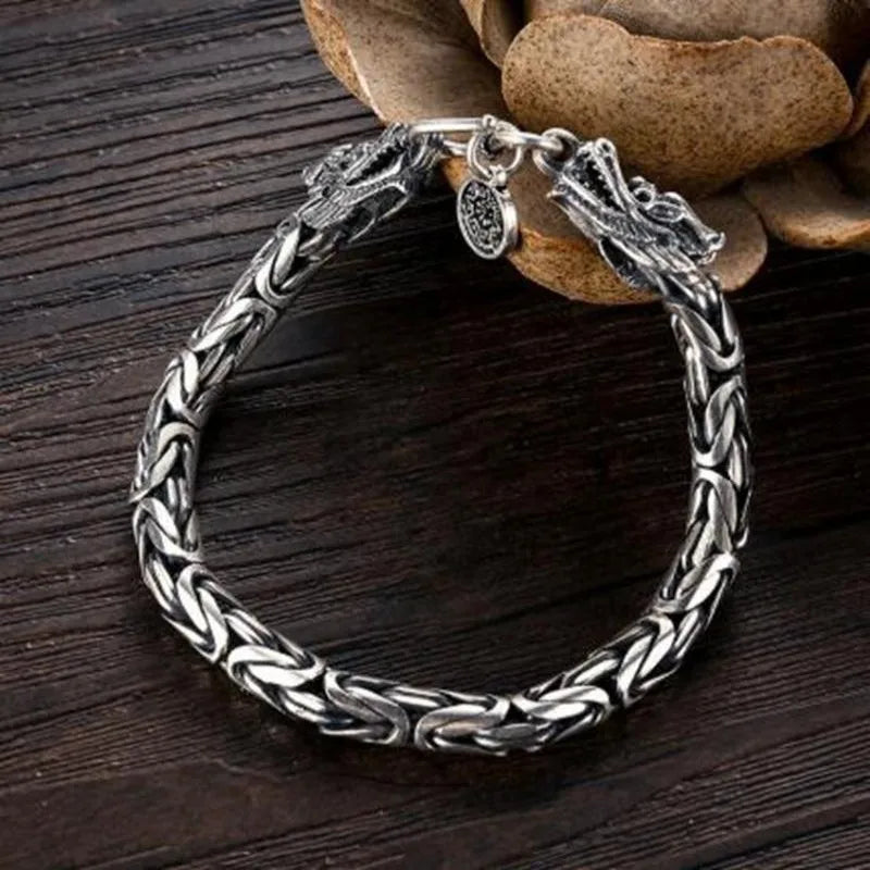 Ethnic Wind Dragon Bracelet – Vintage Silver Plated Cuff Bangle, Motorcycle Riding Charm Jewelry Gift for Men