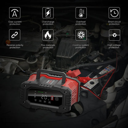 12V/24V Fully Automatic Smart Battery Charger — 7-Segment Pulse Repair for AGM, GEL, WET Lead-Acid Car Batteries