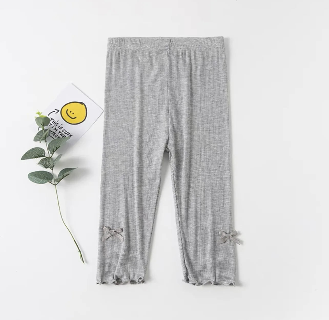 Girls Summer Bow Leggings - Solid Color Elastic Waist 7/8 Length Breathable Kids Pants 3-10Y