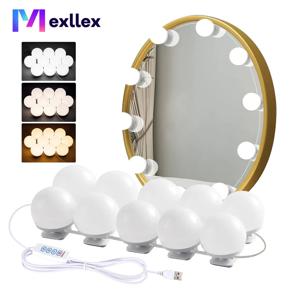 LED Vanity USB Mirror Light — 10 Dimmable Bulbs, 3000/4000/6500K with 10-Level Brightness for Makeup & Dressing Room