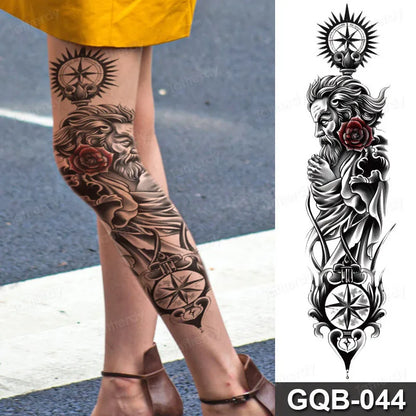 Full Arm Dragon Skull Tattoo Sleeve - Waterproof Temporary Body Art Sticker with Clock Compass Flower Design for Men & Women