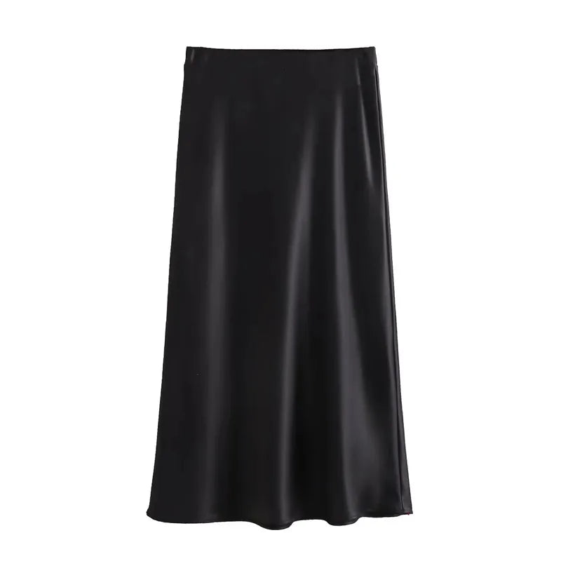 TRAF Women’s 2024 Satin Skirt — High Waist Black Midi Summer Skirt, Elegant Office Long Skirt for Women