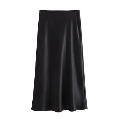 TRAF Women’s 2024 Satin Skirt — High Waist Black Midi Summer Skirt, Elegant Office Long Skirt for Women