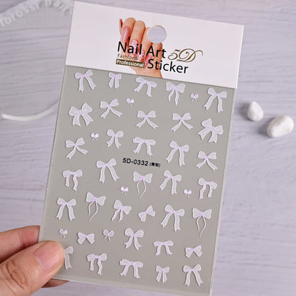 5D White Lace Bowknot Nail Art Stickers – Self-Adhesive Pearl Ribbon Luxury Nail Decals for DIY Manicure Decoration