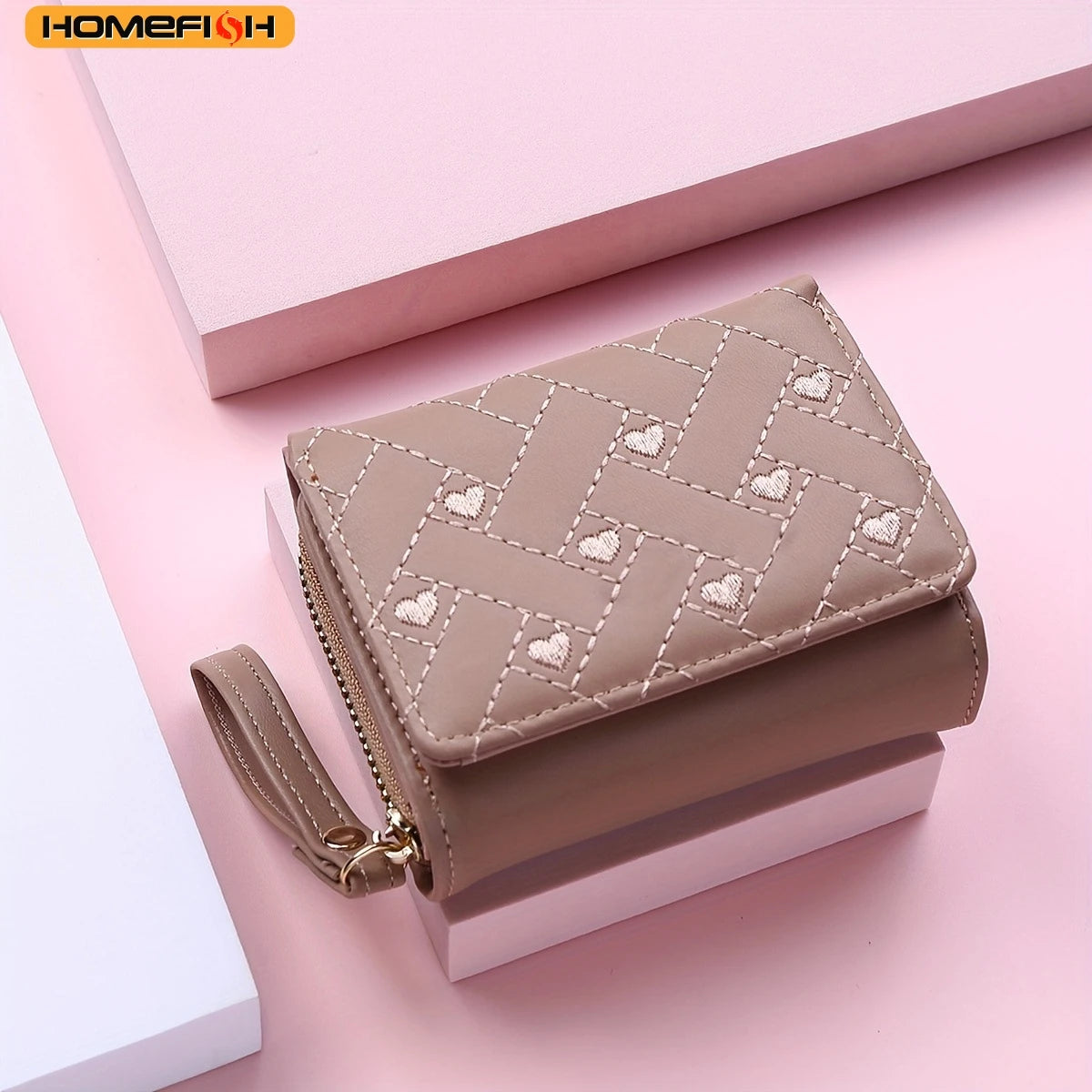 Women’s Mini Wallet - Embroidered Love Pattern Zipper Card Holder with Large Capacity