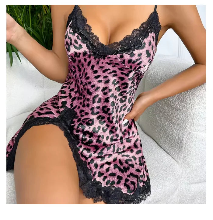 Women’s Leopard Print Lace Trim Nightdress – V Neck Backless Side Split Slip Sleep Dress, Sexy Summer Sleepwear Loungewear
