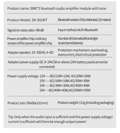 ZK-502MT Bluetooth 5.0 Stereo Subwoofer Amplifier Board | 2x50W High Power 2.0 Channel Bass AMP