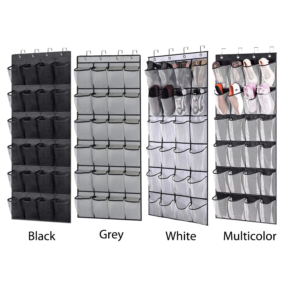 24-Pocket Clear-View Hanging Shoe Organizer with 4 Metal Hooks — Over-the-Door Wall Storage Bag