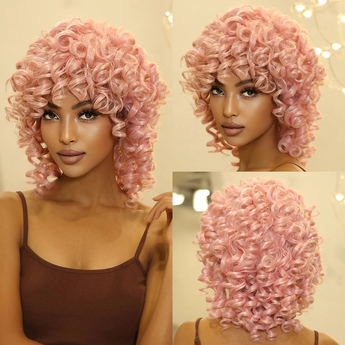 Brown Blonde Curly Synthetic Wig - Short Kinky Curly Afro Wig for Women, Glueless Cosplay Style