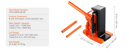 SucceBuy Hydraulic Toe Jack 2.5T – 5T Top Lift Capacity Machine Jack with 0.8–5.3in Toe & 8.9–13.4in Top Height