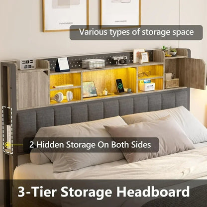 Queen Bed Frame with 4 Storage Drawers – Upholstered LED Bed with Bookcase Headboard, Type-C & USB Charging Station
