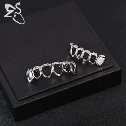 ZS Hip Hop Grillz – Silver/Gold Plated CZ Crystal Cross & Rose Star Tooth Cap, Top & Bottom Set
