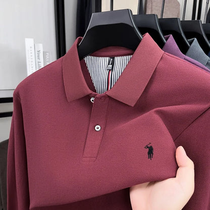 Men's 100% Cotton Long Sleeve Polo Shirt - Embroidered Business Casual Fashion Polo