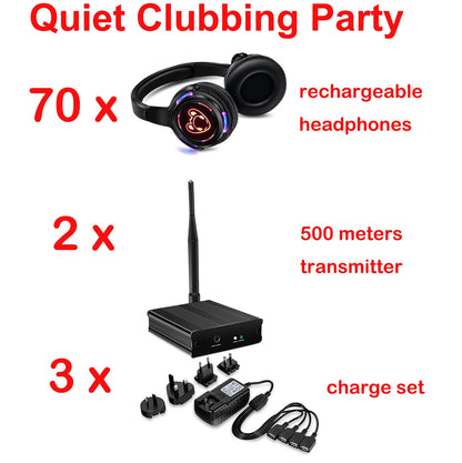 Silent Disco Complete System – Black LED Wireless Headphones Bundle with 5 Headsets & 1/2/3 Transmitters for Quiet Parties