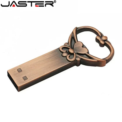 JASTER Copper Heart-Shaped Key USB Flash Drive – Metal Pendrive Memory Stick 4GB/16GB/32GB/64GB, Perfect Wedding Gift