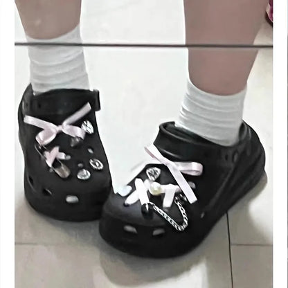 Pink Cute Shoe Charms with Ribbon Bow – Designer Clog Accessories for Girls & Women