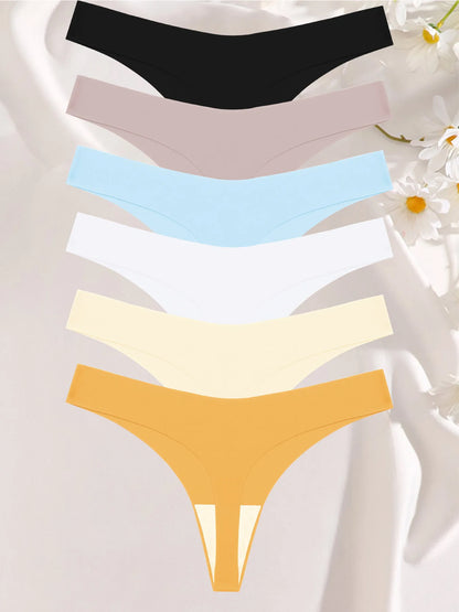FINETOO 6PCS Seamless Ice Silk Thongs for Women – Breathable T-Back Crotch Briefs, Sexy Solid Tanga Lingerie in 10 Colors