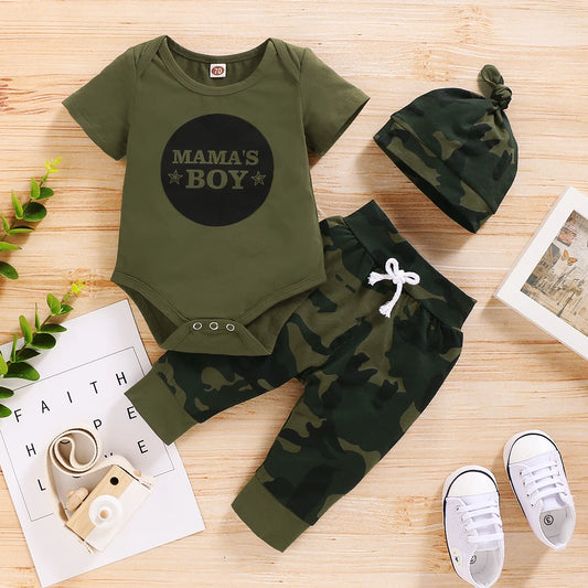 Newborn Baby Boy Summer Outfit – 3pcs Set with Letter Romper, Camouflage Pants & Hat, 0-18 Months