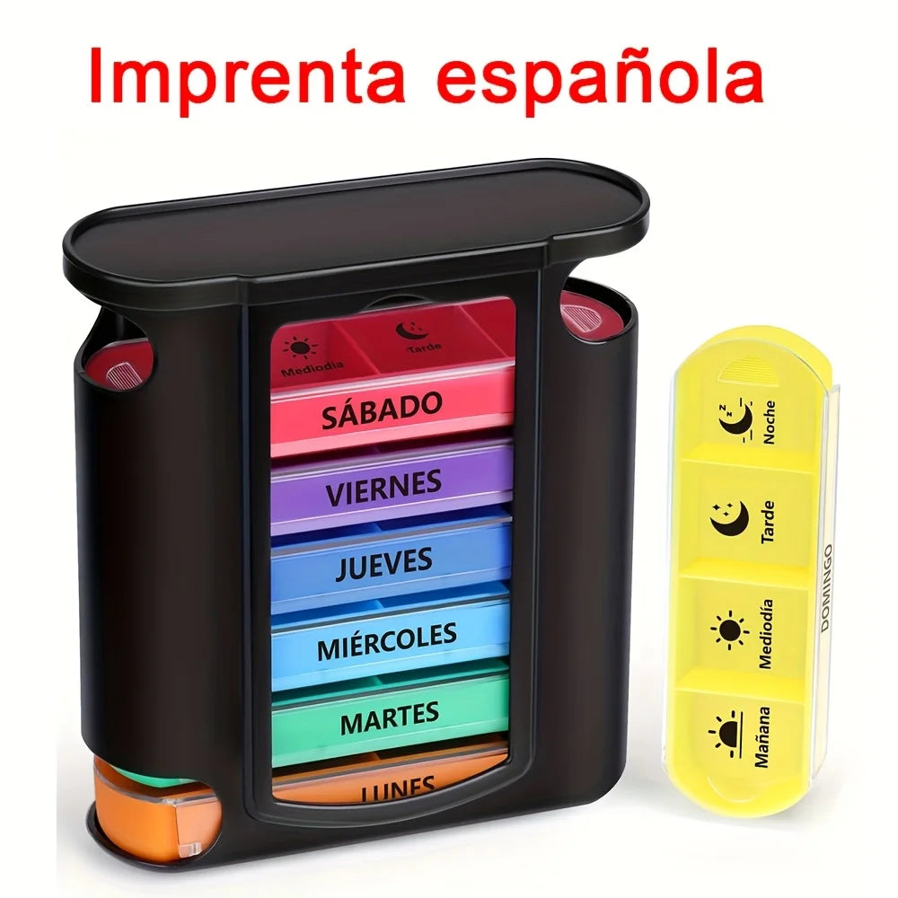 Weekly Pill Box 28 Compartments — 7-Day, 4-Dose Daily Pill Organizer with Spanish Printing