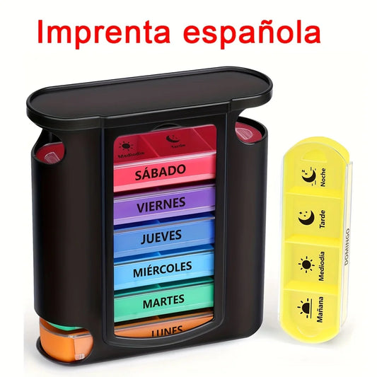 Weekly Pill Box 28 Compartments — 7-Day, 4-Dose Daily Pill Organizer with Spanish Printing