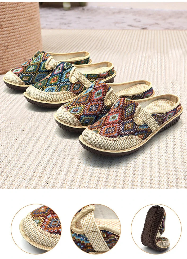 2024 Fashion Women’s Ethnic Embroidered Linen Shoes – Breathable Casual Outdoor Slippers
