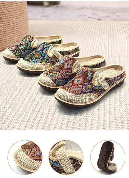2024 Fashion Women’s Ethnic Embroidered Linen Shoes – Breathable Casual Outdoor Slippers
