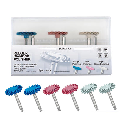 6pcs Dental Rubber Polisher Kit – Composite Resin Diamond Polishing Discs, 14mm Spiral Flex Wheels