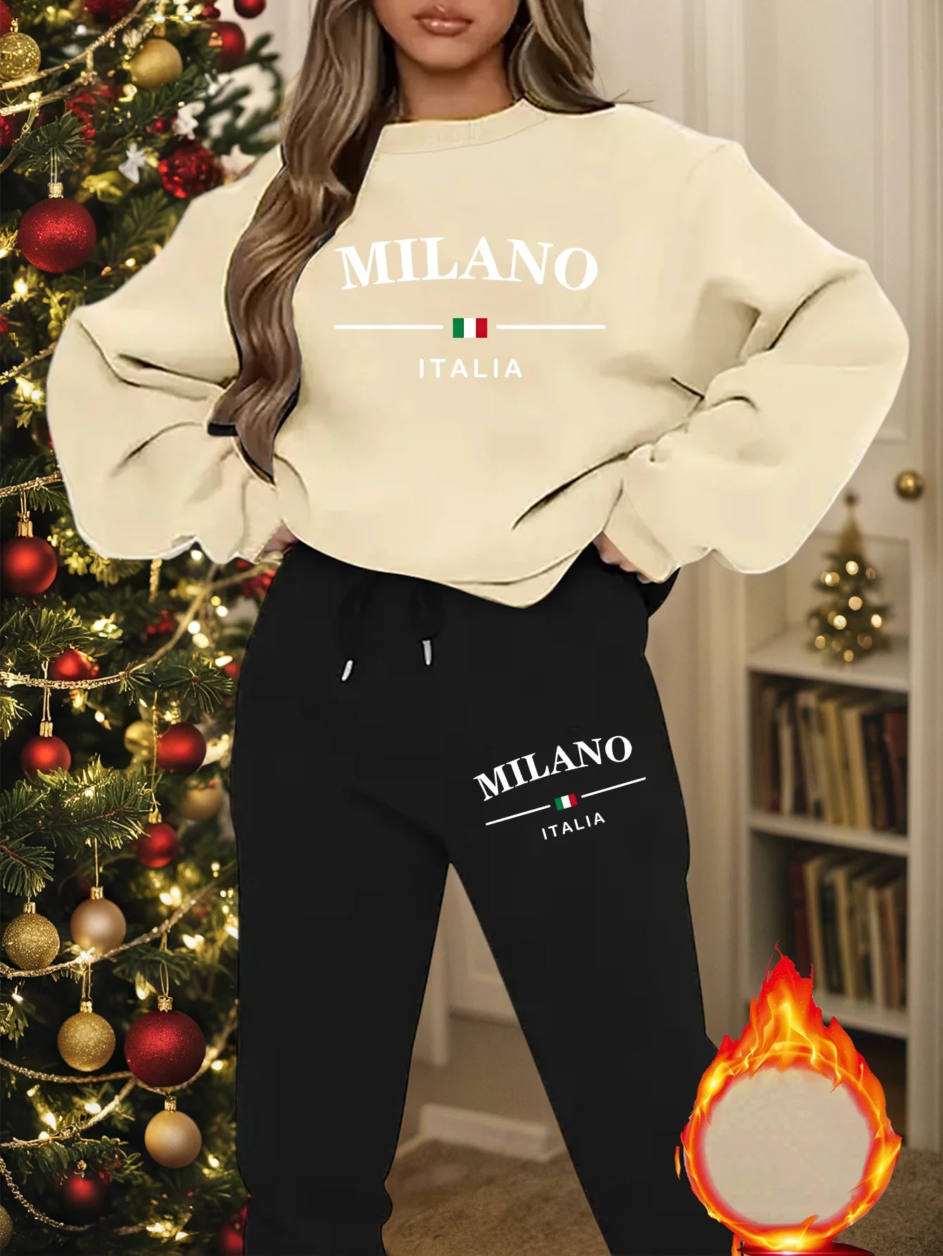 Women's Milano Italia 2-Piece Winter Set - Plush Warm Hooded Sweatshirt & Sports Pants Outfit