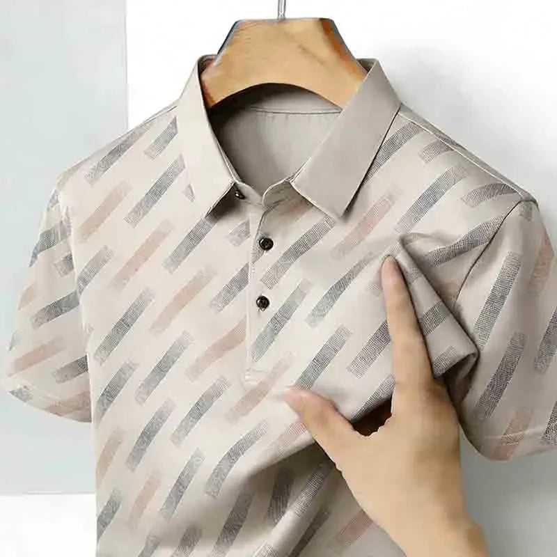 Men's Striped Print Polo Shirt - Short Sleeve Lapel Collar Casual Golf Business Top