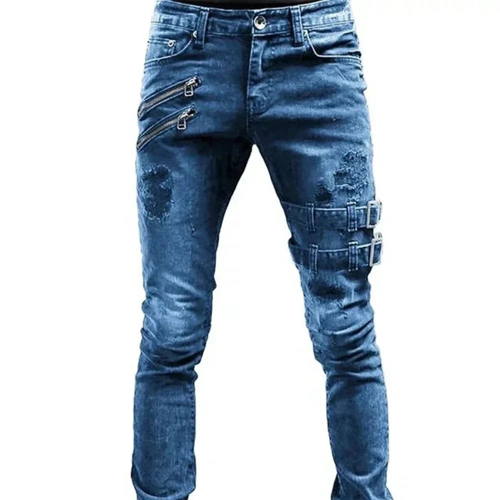 2024 Plus Size Men’s Straight Jeans – Casual Skinny Streetwear Denim Pants with Zippers in 3 Colors