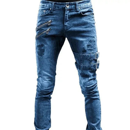 2024 Plus Size Men’s Straight Jeans – Casual Skinny Streetwear Denim Pants with Zippers in 3 Colors