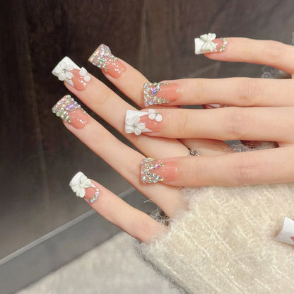 10-Piece 3D Flower Press-On Nails - Elegant French Duckbill Artificial Detachable False Nails