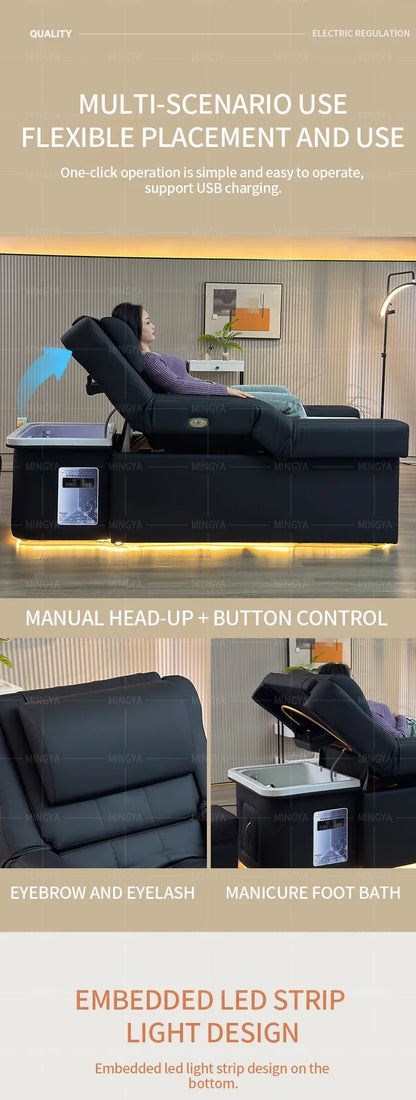 Modern Beauty Salon Shampoo Bed with Back Lift, Massage Headrest & Foot Spa Pedicure Station