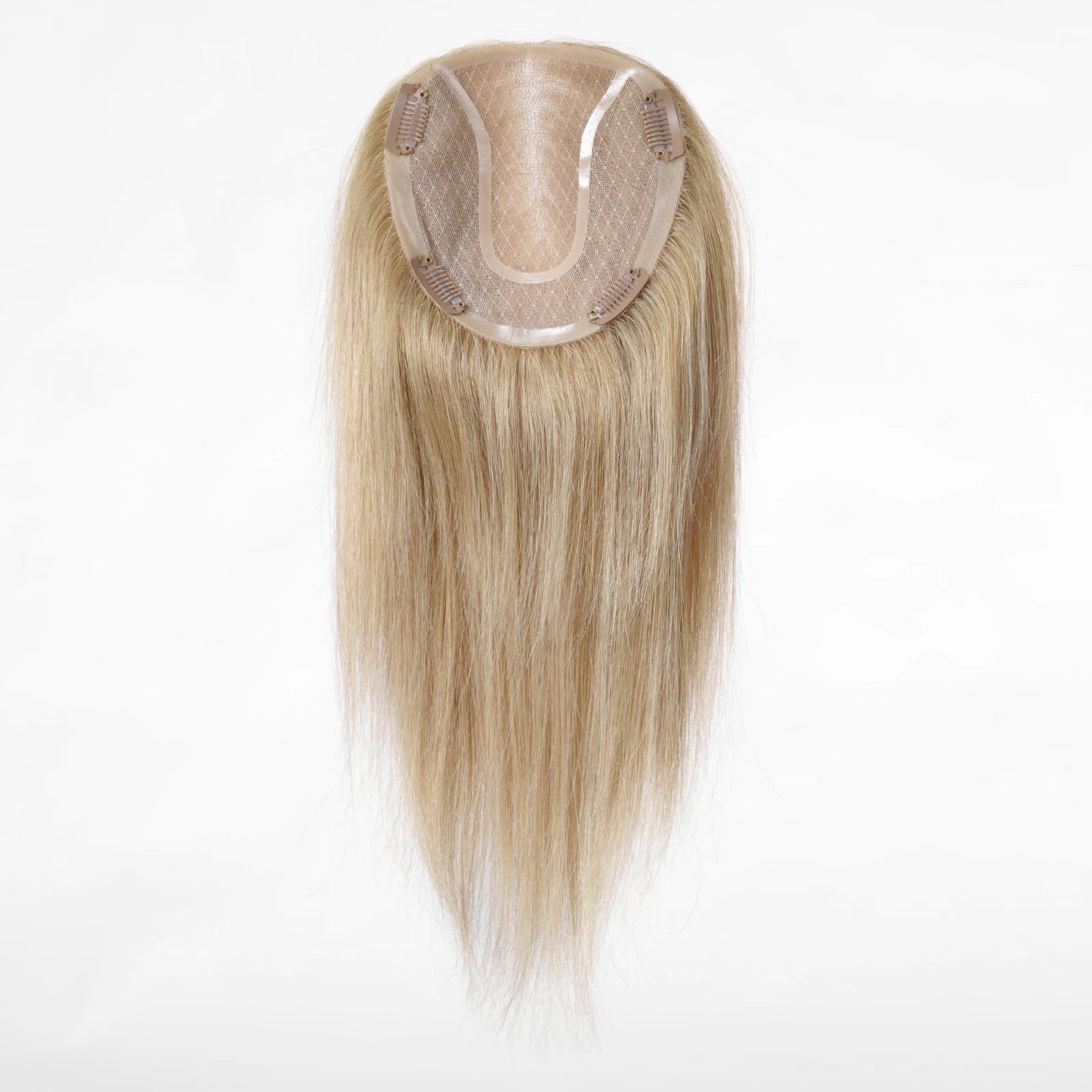 14" Gray Blonde Human Hair Topper – Mono Lace Base, 4 Clips, Natural Look for Thinning Hair