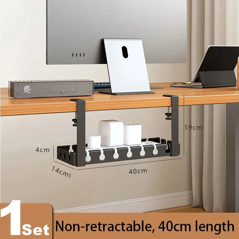 Under Desk Storage Rack – No Drill Metal Cable Management Tray, Retractable Power Strip & Wire Organizer for Home Office Desk Setup